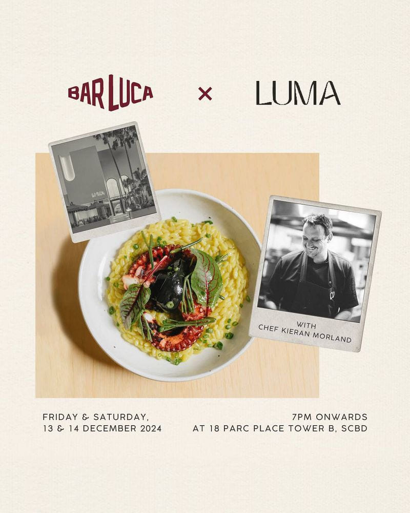 Bar Luca × Luma flyer: a plate of pasta beside a polaroid of the chef