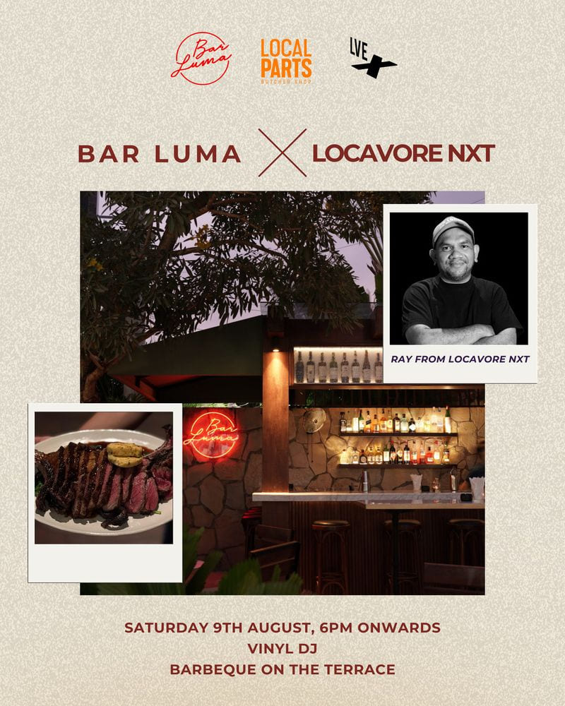 Bar Luma × Locavore NXT flyer: photographs of the bar and a grilled steak on a cream ground