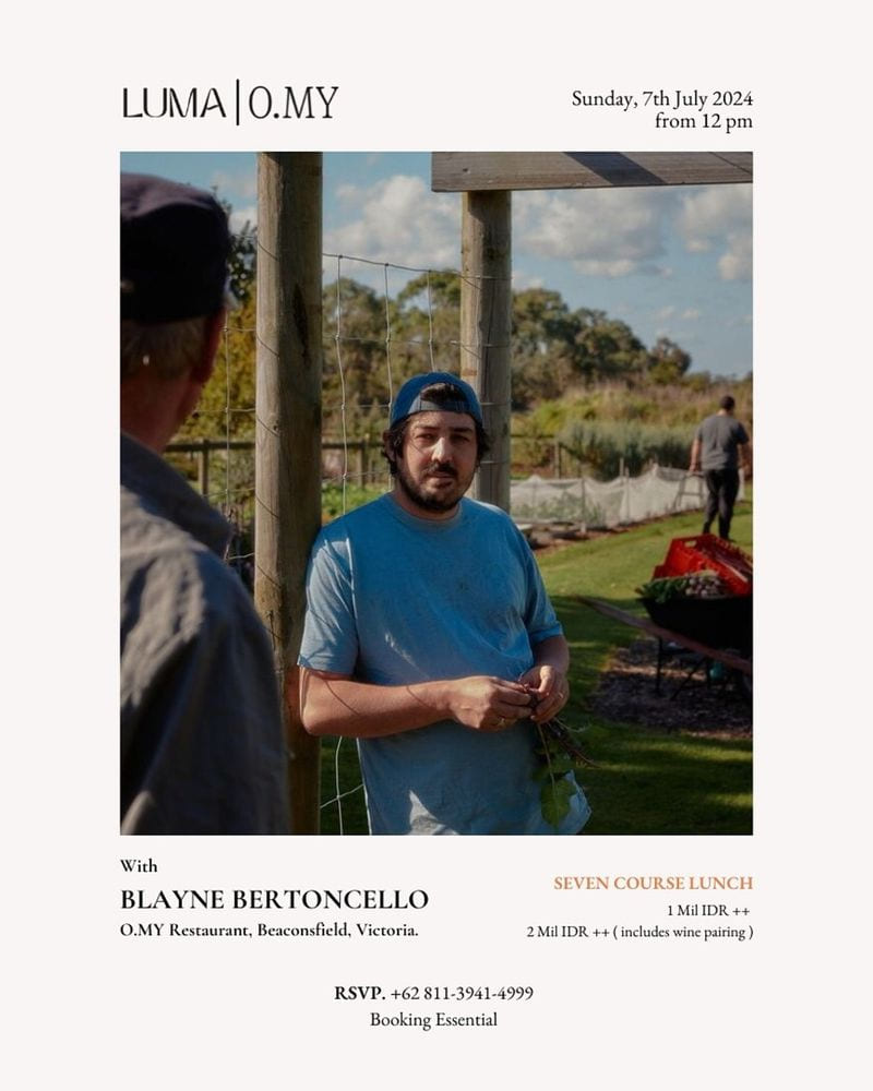 Luma × O.MY flyer: a portrait of the guest chef standing in a field