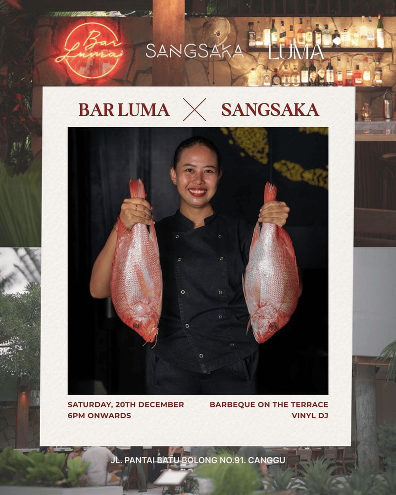 Bar Luma × Sangsaka flyer: a chef holding two whole red snapper